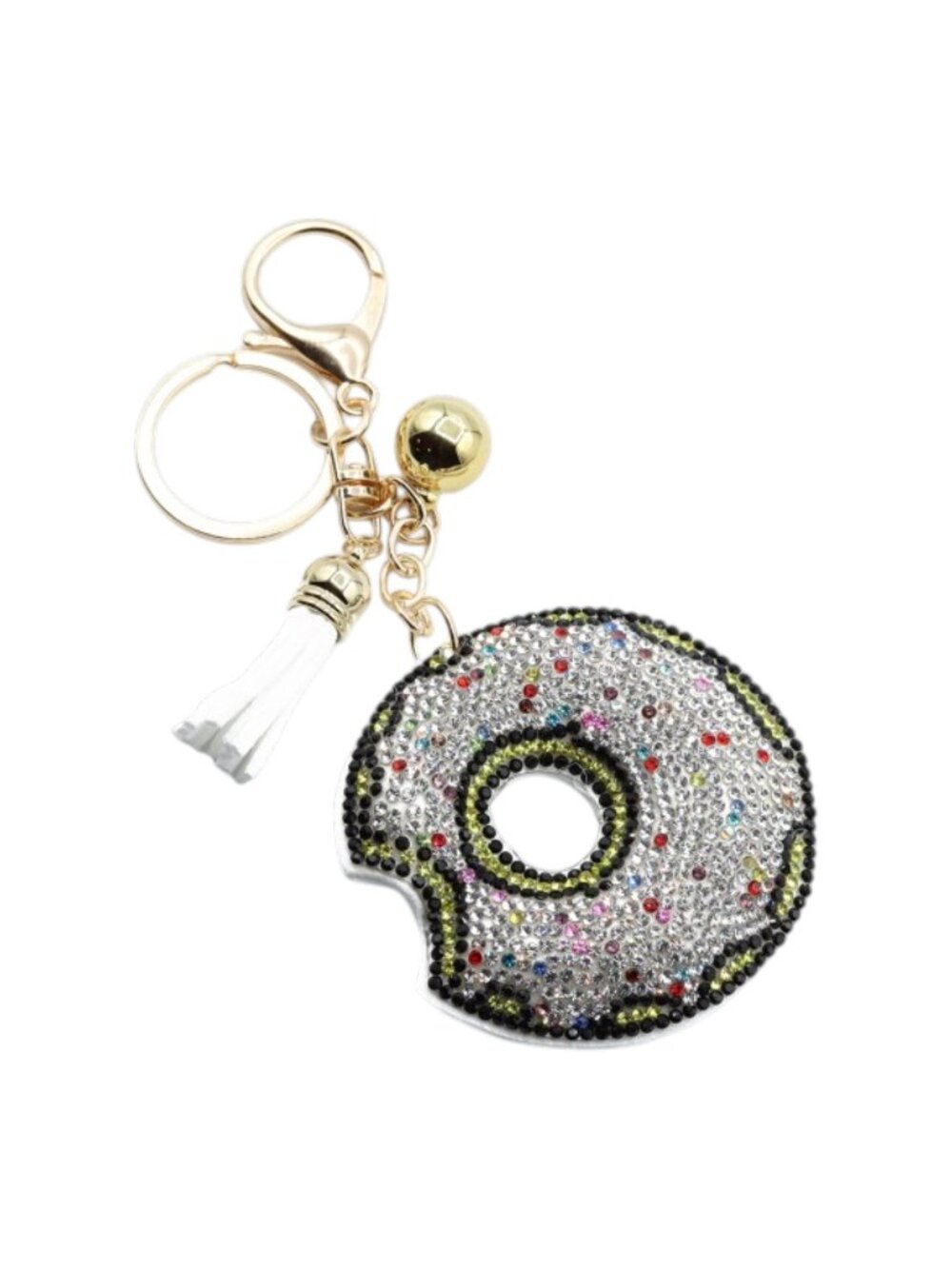 White Sprinkled Donut Tassel Bling Faux Suede Stuffed Pillow Keychain